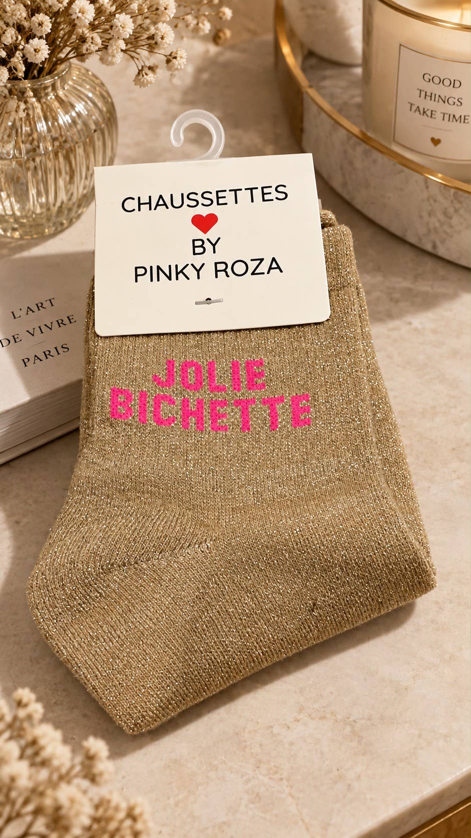 Chaussettes à paillettes « Jolie bichette » - beige