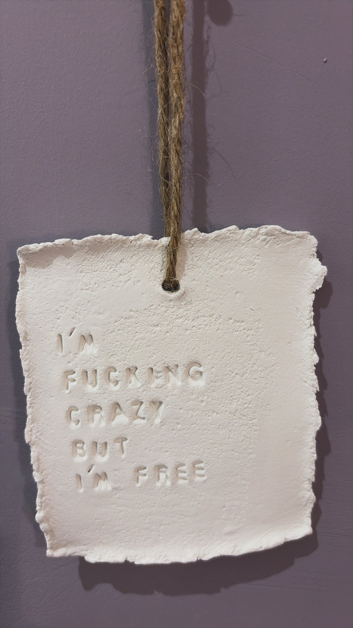Plaque décorative « I’m fucking crazy but i’m free » - à suspendre ou à poser - argile - Taille S
