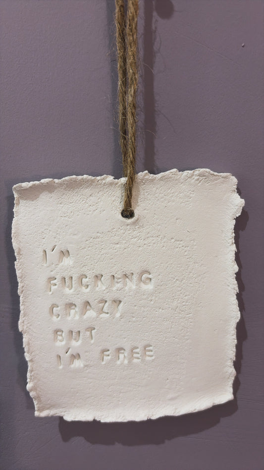 Plaque décorative « I’m fucking crazy but i’m free » - à suspendre ou à poser - argile - Taille S