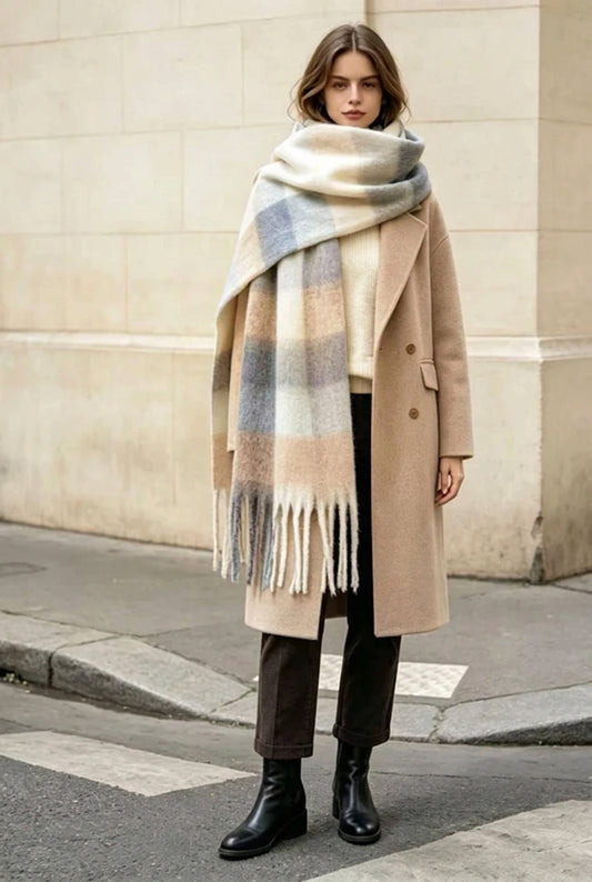 Écharpe à carreaux - Ultra douce - Beige/gris/écru