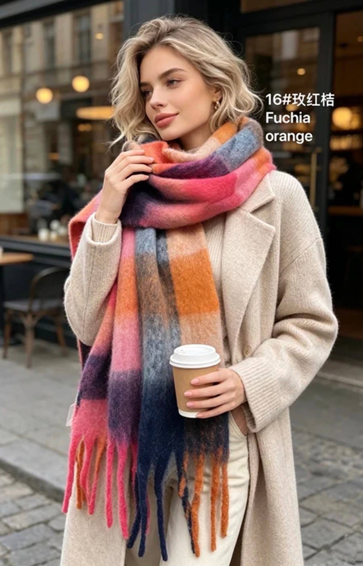 Écharpe à carreaux - Ultra douce - Orange/fuschia/gris/violet