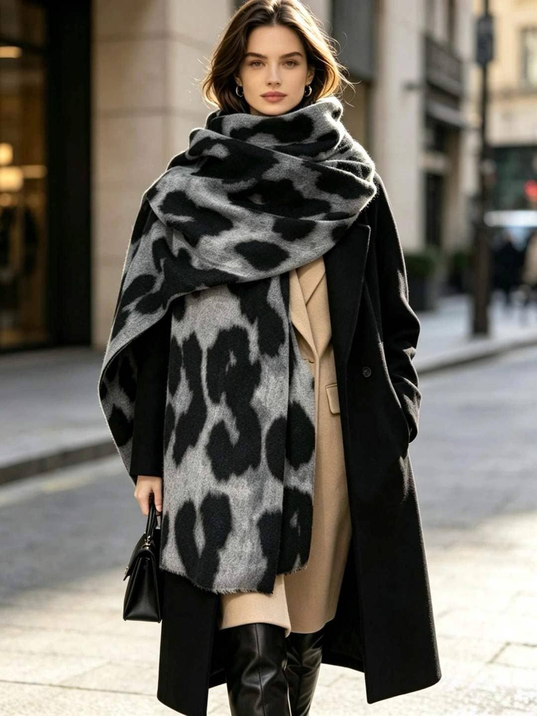Châle écharpe - Motif taché léopard - Noir/gris