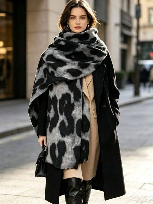 Châle écharpe - Motif taché léopard - Noir/gris