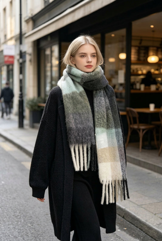 Écharpe à carreaux - Ultra douce - Noir/gris/vert/beige