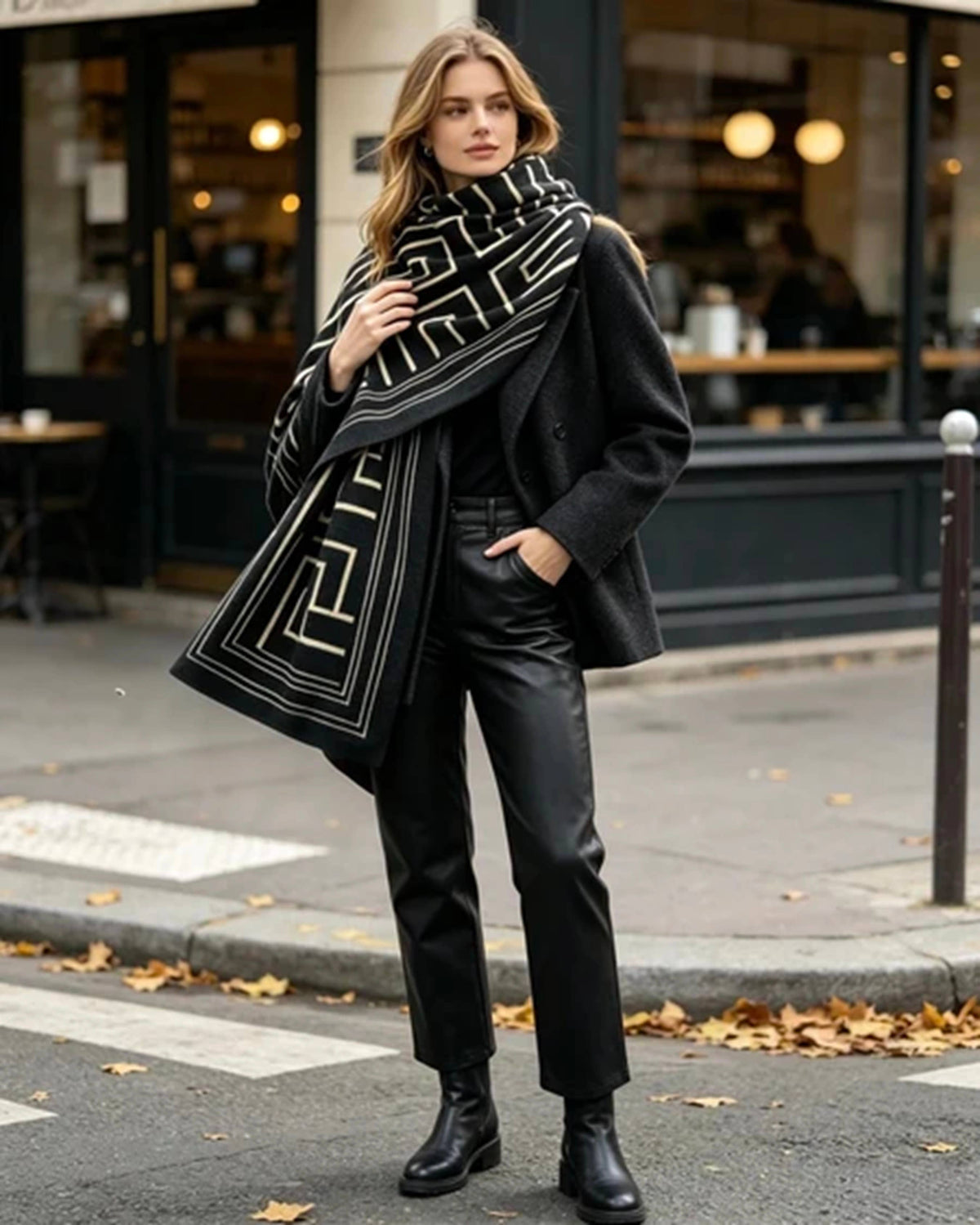 Châle écharpe - Motif géométrique - Noir/beige