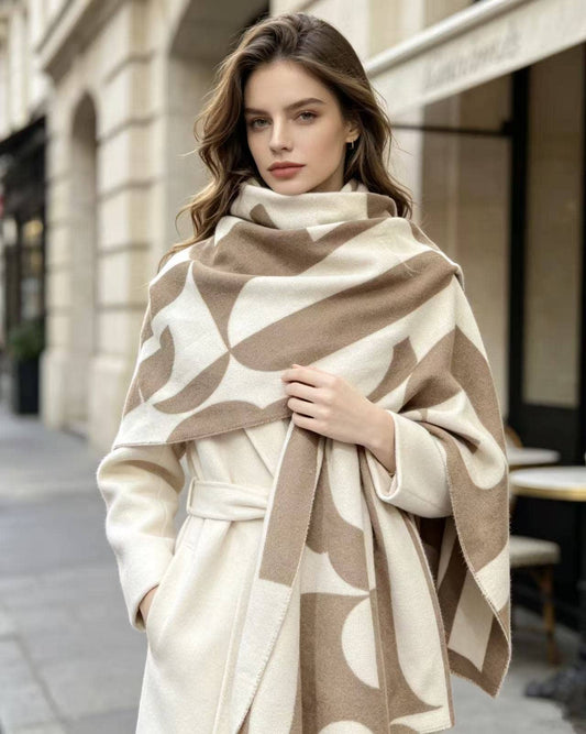 Châle écharpe - Motif moderne - Beige/blanc