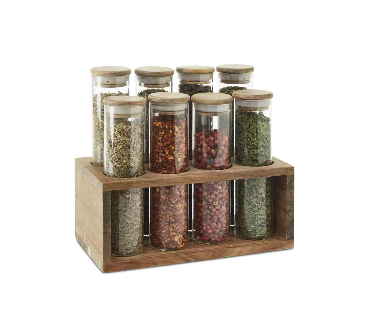 Étagère à épices 8 bocaux en verre et bois d’acacia