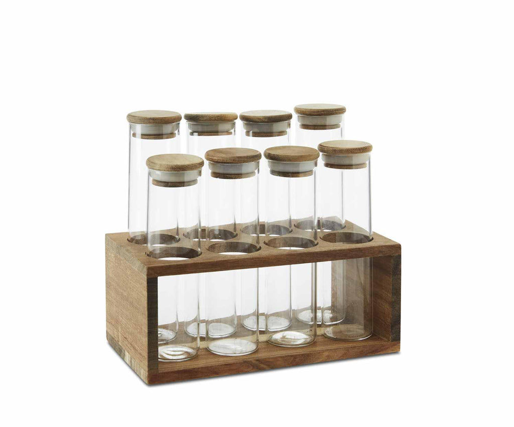 Étagère à épices 8 bocaux en verre et bois d’acacia
