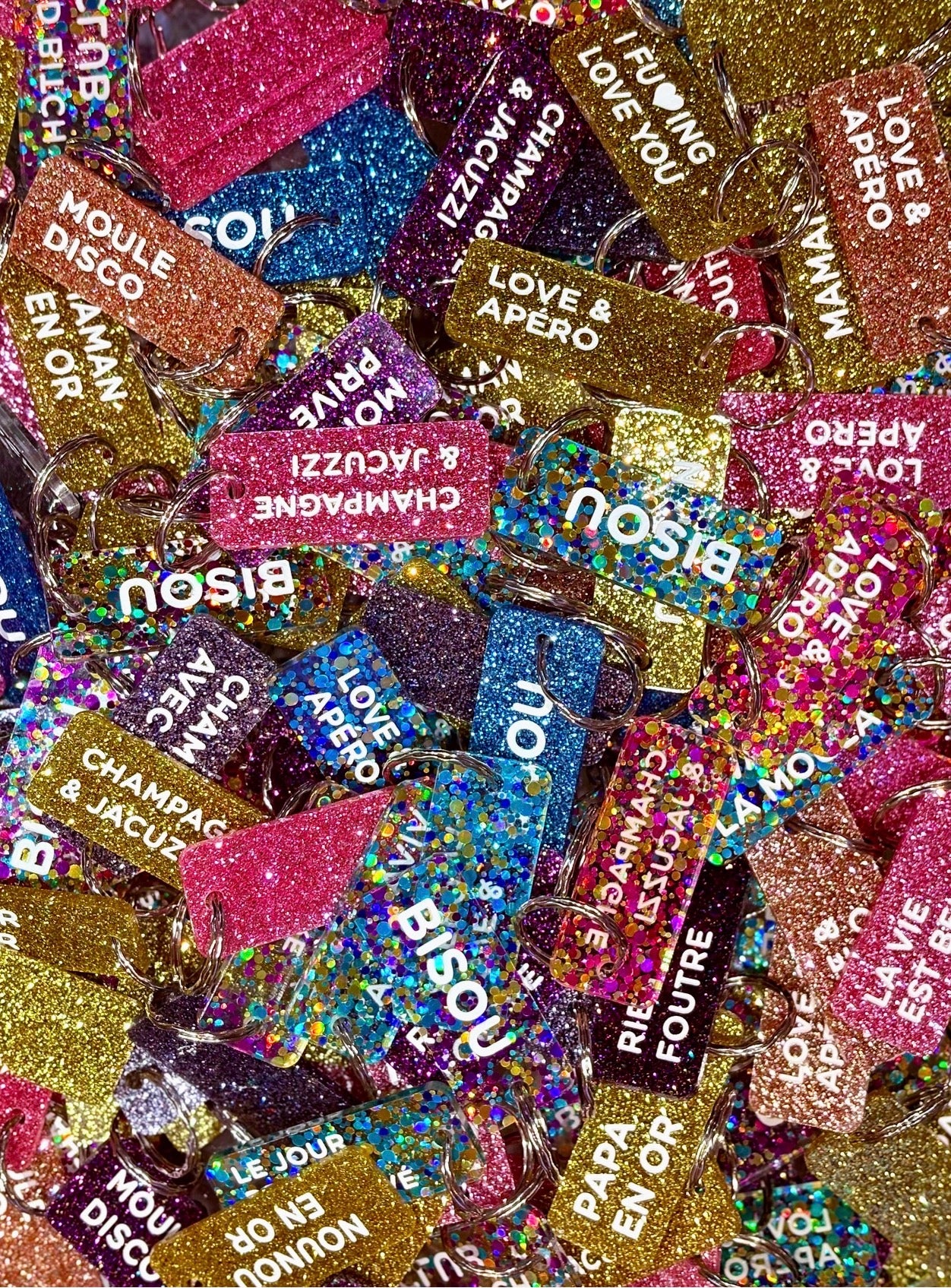 Porte-clé paillette - différentes phrases disponibles