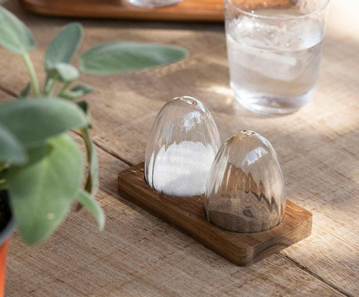 Ensemble pour sel et poivre avec plateau en bois