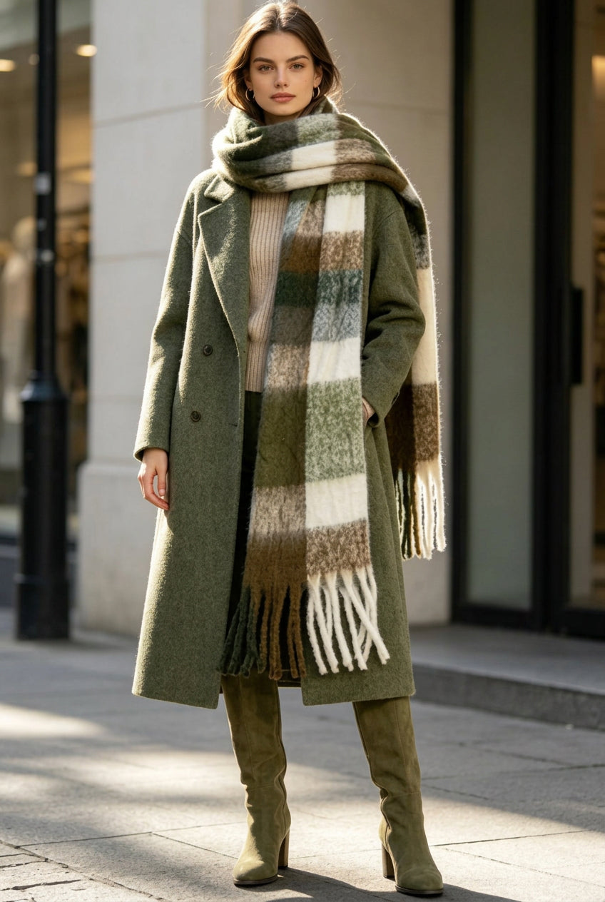 Écharpe à carreaux - Ultra douce - Kaki/marron/blanc/gris