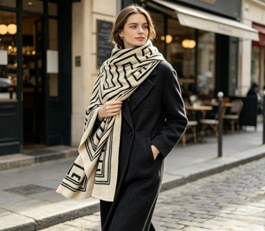Châle écharpe - Motif géométrique - Beige/noir