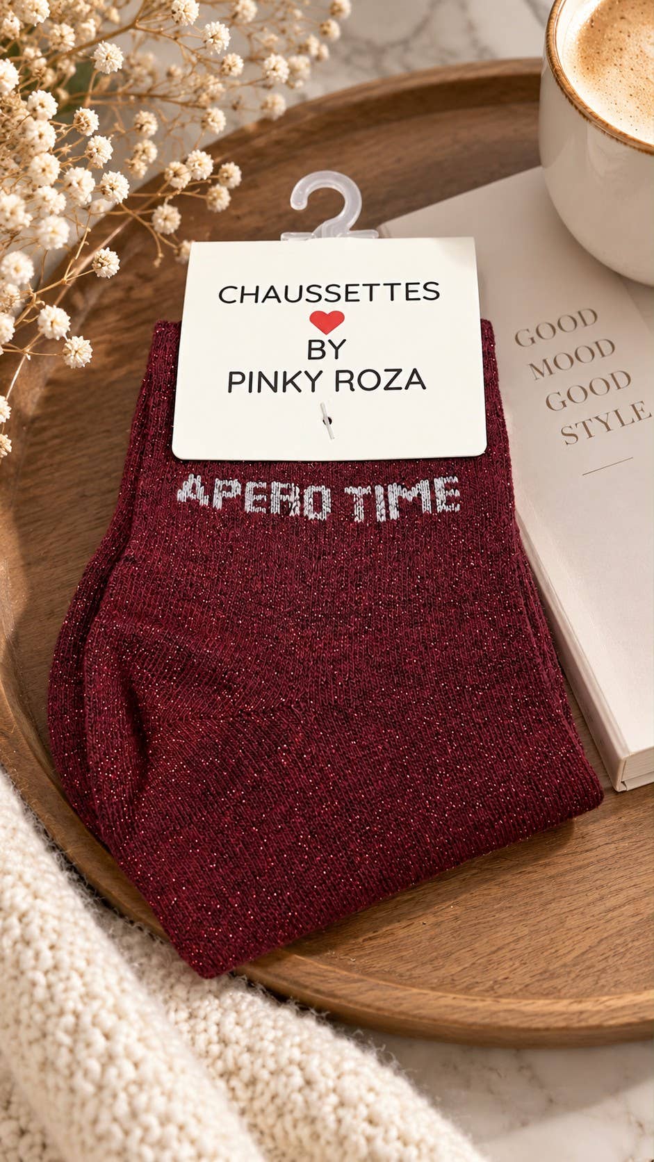 Chaussettes à paillettes « Apero time » - bordeaux