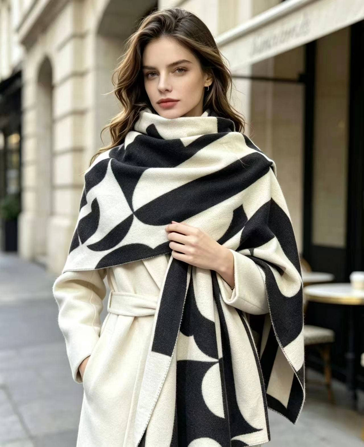 Châle écharpe - Motif moderne - Noir/blanc